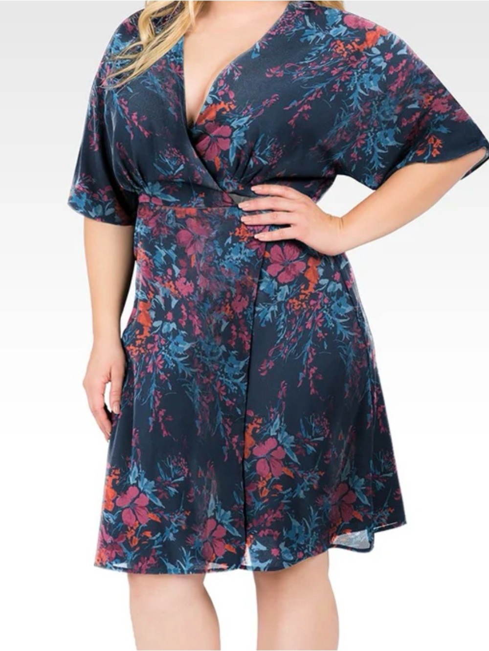 Women's Navy Floral Wrap Midi Dress with Red & Pink Blooms